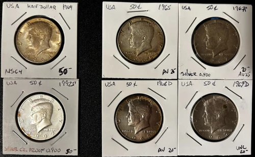 Six US Kennedy Silver Half Dollars: 1964, 1965, 1967, 1968D, 1969D, 1992S