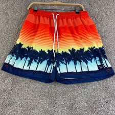Spicy Tuna Mens L Swim Trunks Orange Palm Tree Sunset Print Drawstring Shorts