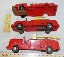 3 Vintage 1950s Marx Toys Plastic Friction Drive Fire Trucks, parts or restore 