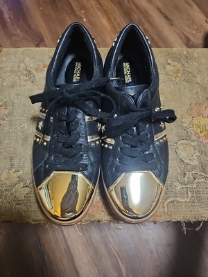 Michael Kors Frankkie Studded Gold Black Leather Sneakers  6.5M, MSRP $150