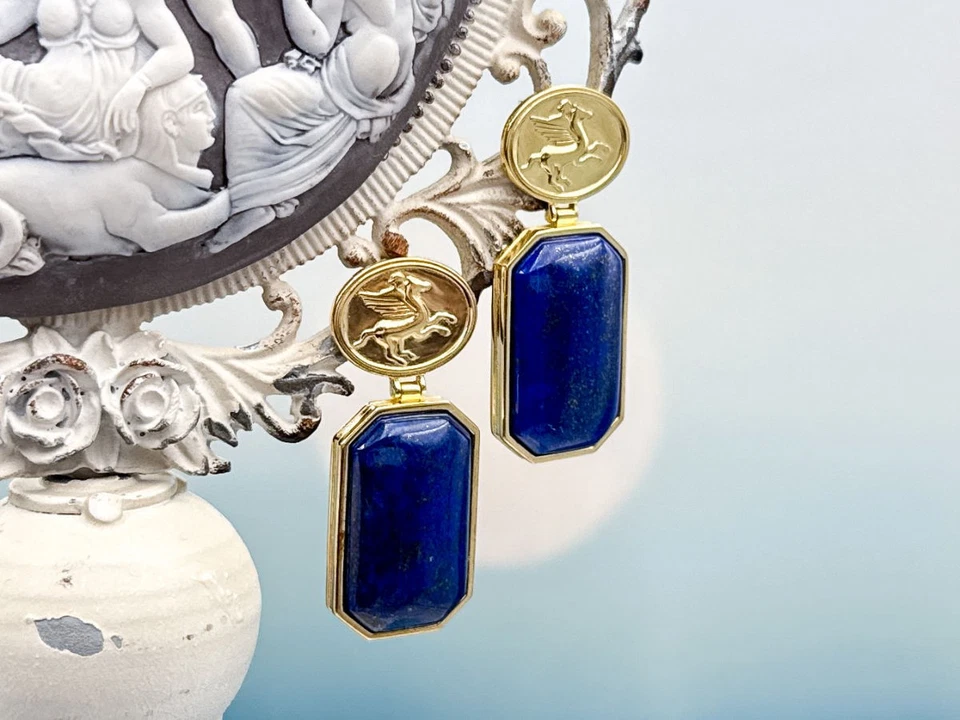 TAGLIAMONTE Designs (2232E-Lapis) 925/YGP Lapis Lazuli Earrings*Pegasus*Reg.$300 - Image 2 of 4