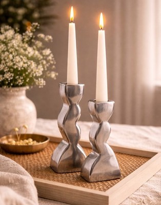 Retroneu Taper Candlestick Holders Set 4  6  Modern Sculptural Metal Pair Wavy