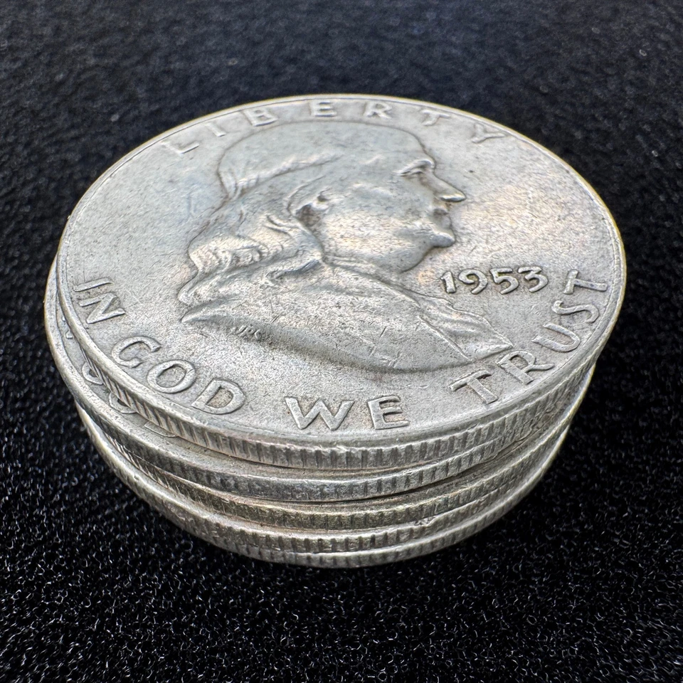 [Lot of 5] 1953 Franklin Half Dollar Coins - 90% Silver - Circulated US Coins - Image 4 of 4