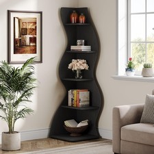 Wavy Corner Shelf, 5-Tier Bookshelf Bookcase with Curvy Shape Black Display Rack