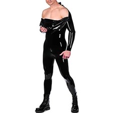 Mens Black Latex Bodysuit Shoulder Zipper Rubber Jumpsuit Catsuit Fetish 0.4mm
