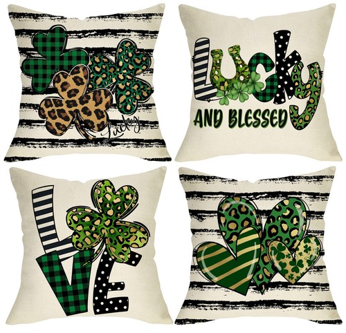 St. Patrick's Day Shamrock Clover Love Throw Pillow Covers Set of 4, Lucky Bl...
