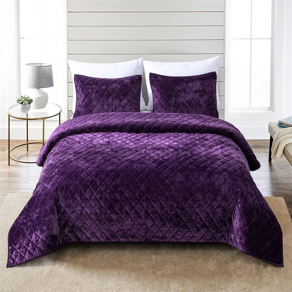 Modern All-Season 3-Piece Quilt Set with Diamond Quilting - Purple King Size - Image 3 of 4