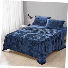 Distressed Velvet Sheet Set, 4 Pieces Ultra Soft, Warm Queen Navy