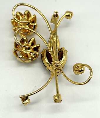 Vintage Floral Spray Rhinestone Brooch Topaz And Gold Color Gold