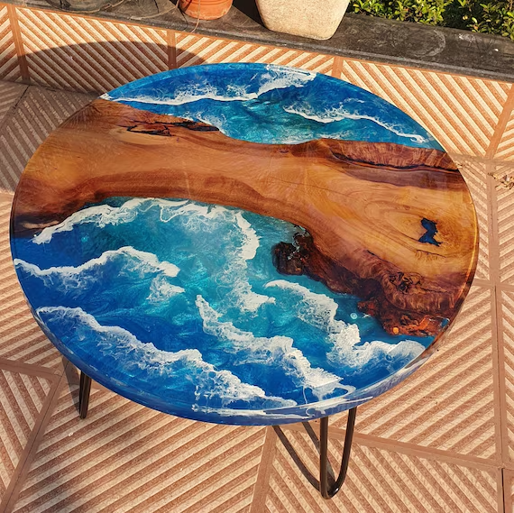 Ocean Blue Epoxy Resin, Wooden Beach Wave Epoxy Table For Home & Living Decor