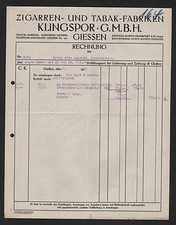 GIESSEN, Rechnung 1921, Zigarren- und Tabak-Fabriken Klingspor GmbH
