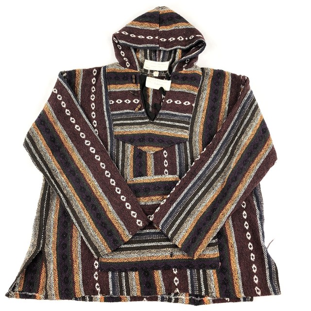 Poncho Hooded Drug Rug Sweatshirt L Rasta Striped Surfer Hippie Baja