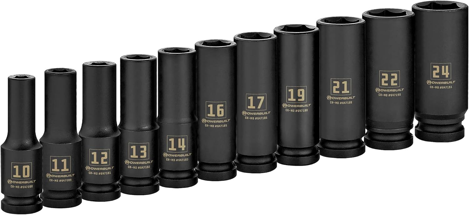 Metric Deep Impact Socket Set, 1/2 Inch Drive, 6 Point, 11 Pieces, Size Markings