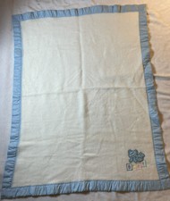 Vintage Cuddle Time Baby Blanket Off White Acrylic with Blue Binding Bear Blocks