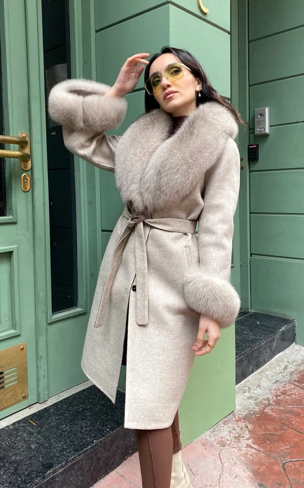 100% Alpaca Women's Winter Coat Real Fox Fur Long Overcoat Stylish Soft Beige - Image 2 of 4