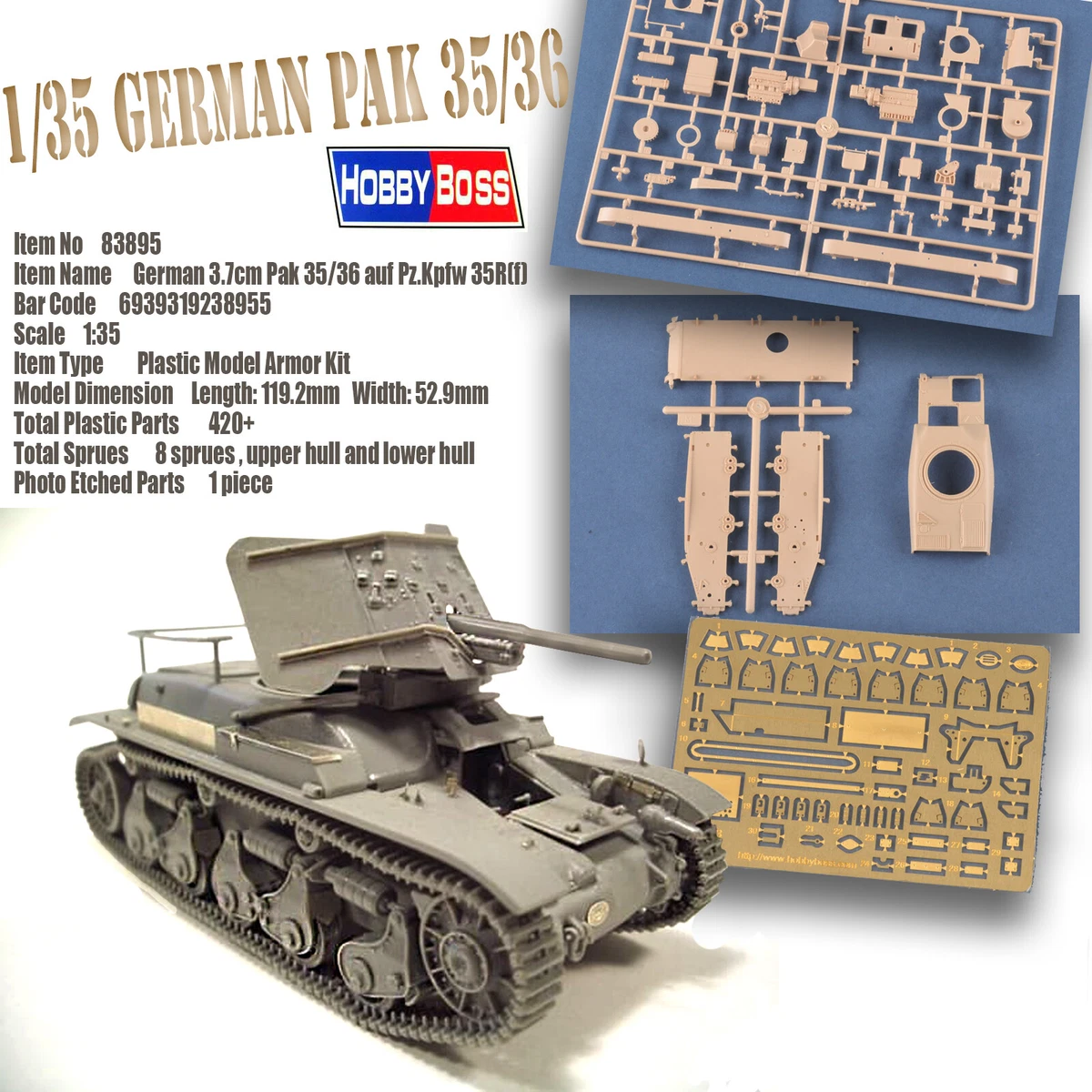 HOBBYBOSS 135 3.7CM PAK 3536 AUF PZ.KPFW 35R(f) MODEL KIT 83895 | eBay