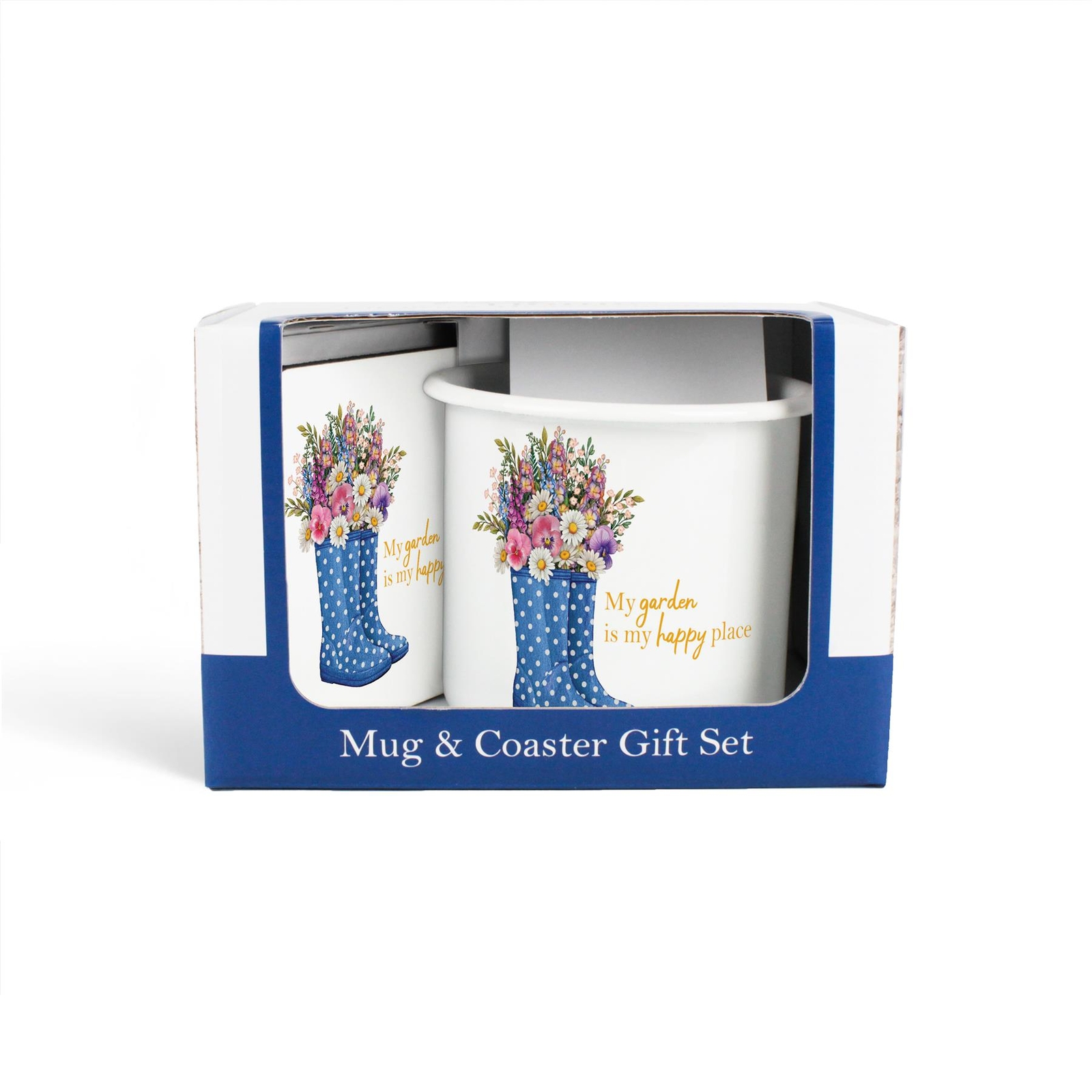 Garden Happy Place Enamel Mug & Coaster Gift Set - Blue Presents for Gardeners