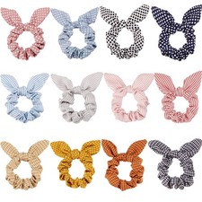 12 PCS Bow Hair Scrunchies Bunny Ear Silk Bowknot Elastic Ties Wave Point