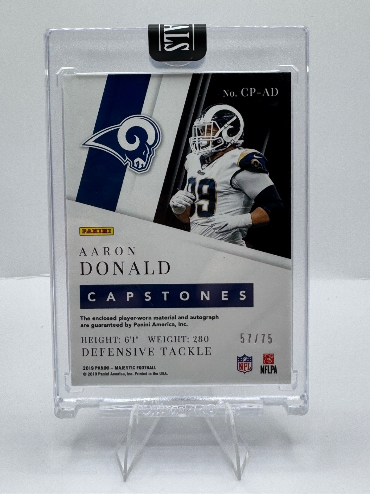 2019 Majestic Aaron Donald Capstones Quad Patch On‑Card Auto Game‑Worn /75 Rams view 2