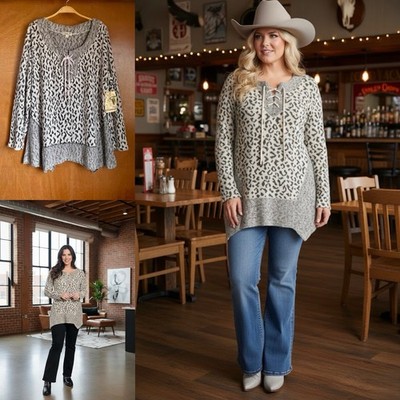 ONE WORLD Leopard Mix Knit Tunic Top 2X Beige Black Western Rodeo Boho Peasant