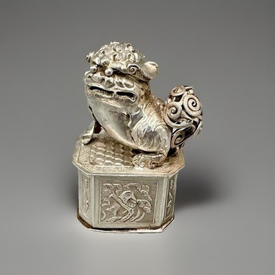 Antike chinesische Silber Opium/Pillendose Foo Hund Tempel Löwe Deckel