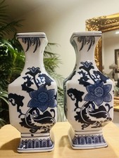 2 Vintage Porcelain Hand Painted Blue  White Square Chinoiserie Vase