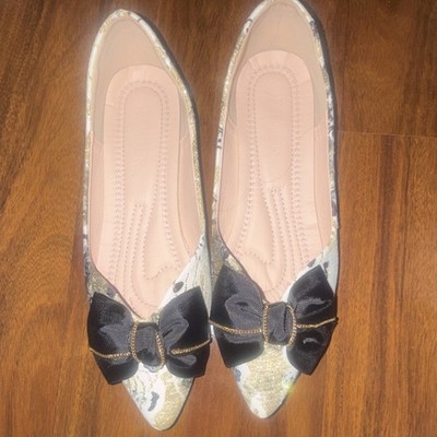 Women's Gold Floral Metallic Bow Slip-On Flats Pointed Toe Canvas