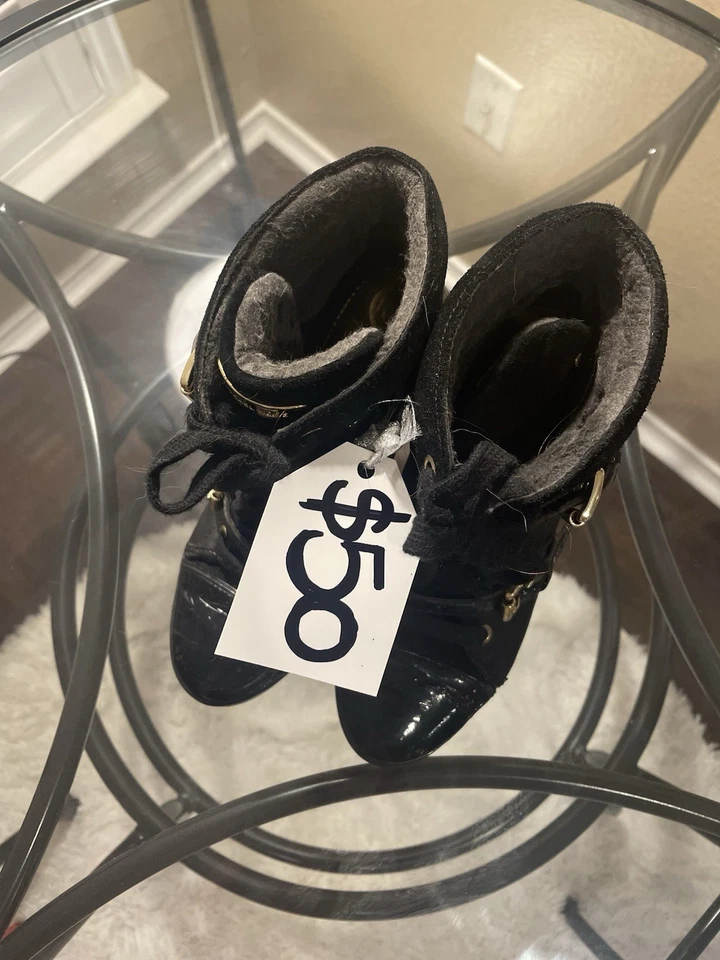 Michael Kors Wedge Buckled Black Patent Sneaker Size 6 - Image 4 of 4