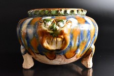 S9487: XF Chinese Three colors glaze Lion sculpture FLOWER VASE Buddhist art