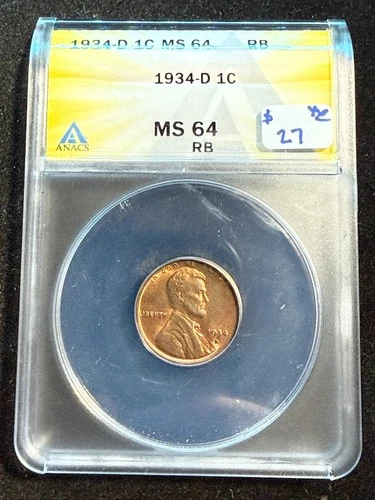 1934 D LINCOLN WHEAT CENT ANACS MS 64 RB 101