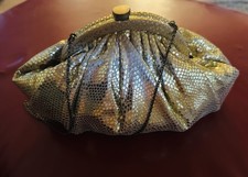 VINTAGE SANTI GOLD METALLIC SNAKESKIN LIKE SATIN SILK EVENING CHAIN STRAP CLUTCH