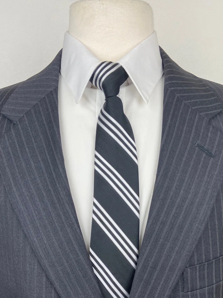 JONES NEW YORK 男式 44S 灰色条纹 100% 羊毛 2 件套西装带正装裤子 36x29 — 第 3/4 张图片