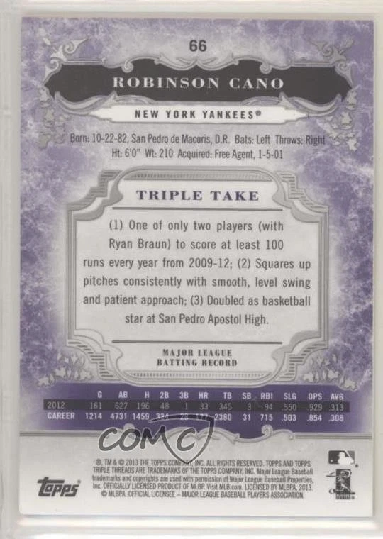 2013 Topps Triple Threads Amethyst /650 Robinson Cano #66 - Image 2 of 2