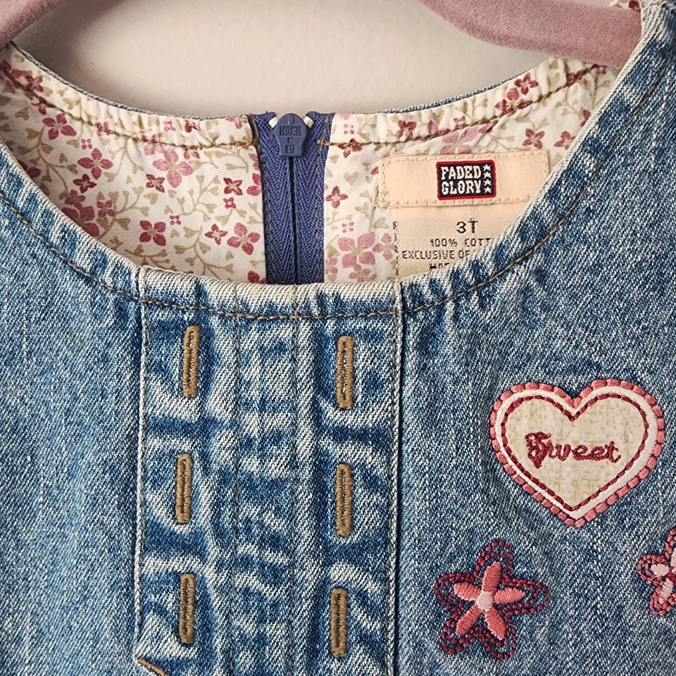 Vintage 90s Y2k Faded Glory Pink Heart Denim Dress Baby Girl Toddler 3T - Image 3 of 4