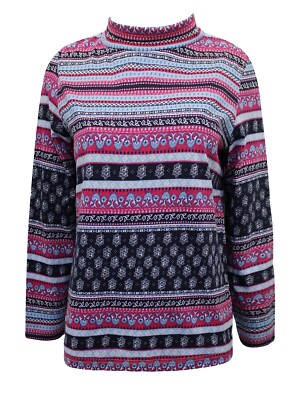 Langarm-Top Damen marineblau/rosa bedruckt hochgeschlossen   Übergröße 16 bis 30