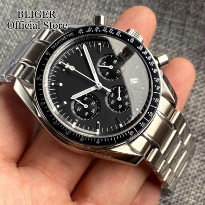 Luxury Sport 40mm Quartz Chronograph Mens Watch VK63 Black Dial Steel Strap New
