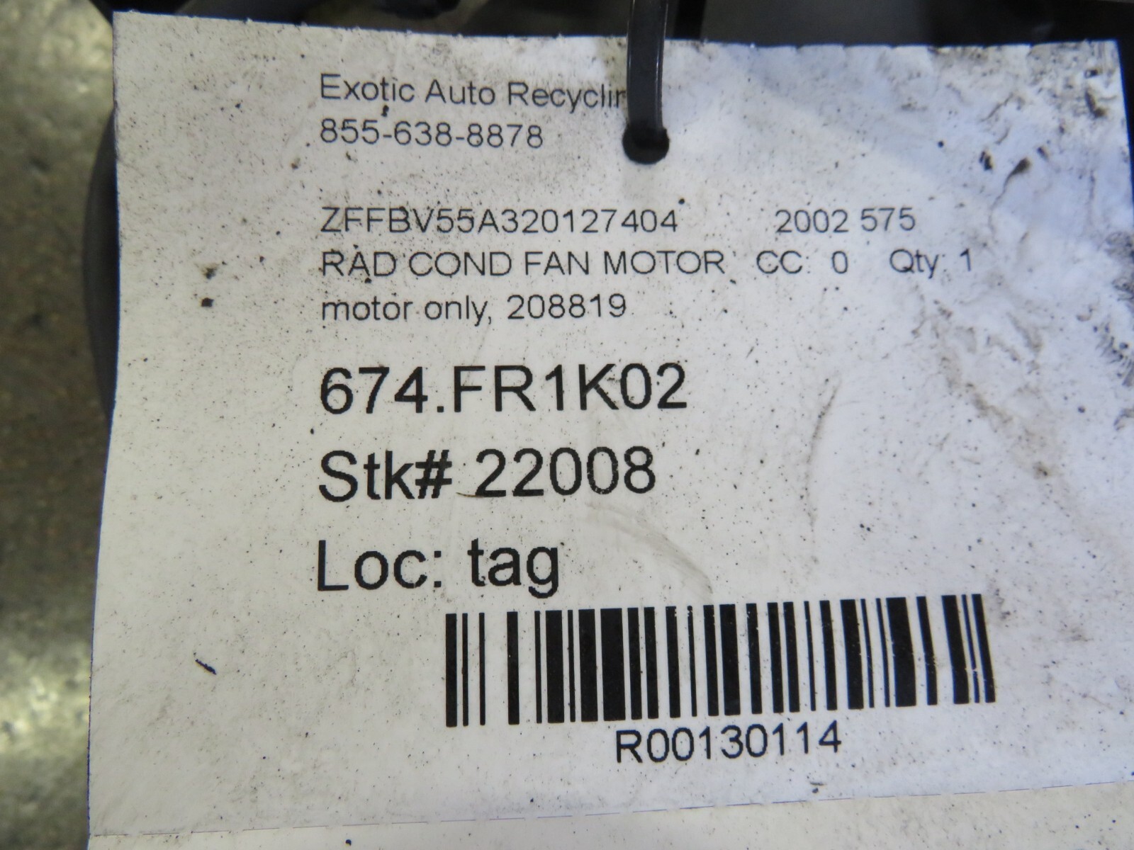 Ferrari 575, 612, Radiator Cooling Fan Motor, Used, P/N 208819