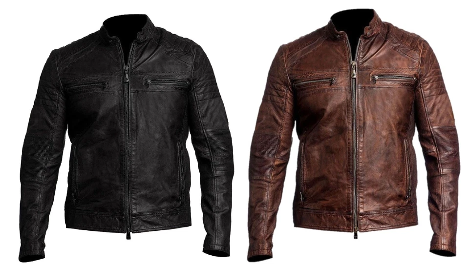 Мужская кожаная байкерская куртка Café Racer искусственно состаренная овечья кожа - Изображение 4 из 4