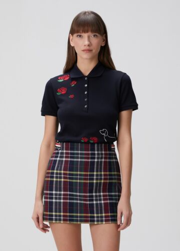 THOM BROWNE navy blue Hector the dog & rose embroidered polo shirt Size 6 / 42