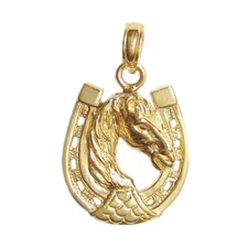 New 14k Yellow Gold Horse With Horseshoe Pendant