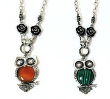 NEW ANTIQUE SILVER TONE LARGE OWL SHAPED NATURAL STONE,RHINESTONE CHARM NECKLACE