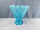 Fenton Blue Opalescent Glass Hobnail Scalloped Swung Vase 8" Tall INV3