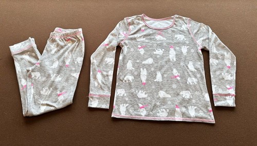 GIRL's Justice Long Sleeve Pajama Set - Grey/Pink Polar Bear - Size XL 14