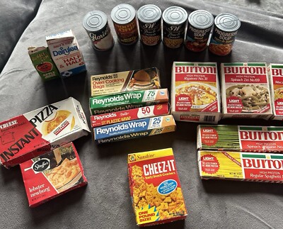 Play Food Vintage Assorted Cans, Pizza, Reynalds Wrap, Stouffers, Cheez Its