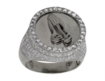 Mens 10K White Gold Praying Hand Pave Set Genuine Diamond Ring