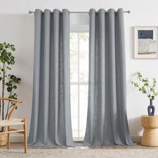 Gray Linen Blend Light Filtering Curtain Panels 84 Inches Long with Grommet T...