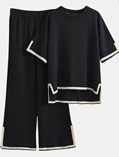 Women's 2pc Knit Outfit Set Black/White Contrast Trim Top Wide-Leg Pants