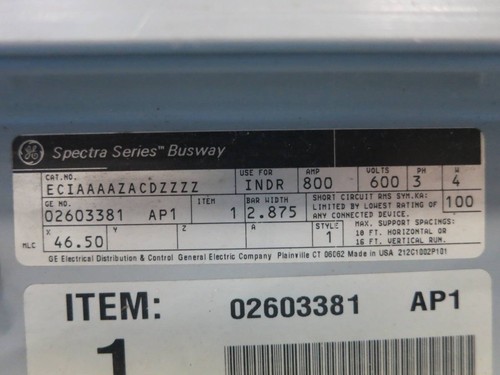 GE Spectra Busway 46.50" Feeder 800A 600V 3PH 4W Aluminum Bus Way Duct 800 Amp - Picture 2 of 6