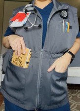 Nurse Vest Uniform Gray LARGE Big Utility Pockets Adjustable Waist Full Zip