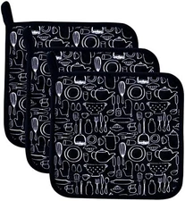 100% Cotton Kitchen Potholders 8x8 Black Set of 3
